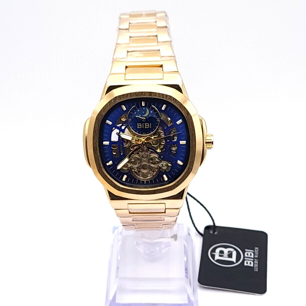 BIBI Automatic Skeleton Watch Men's Gold Tone Blue Dial 42mm Box New Luxury - Picture 4 of 17